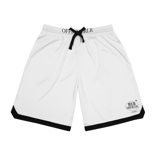 White Basketball Shorts with Black Trim — Athletic Ribbed AOP Game Shorts