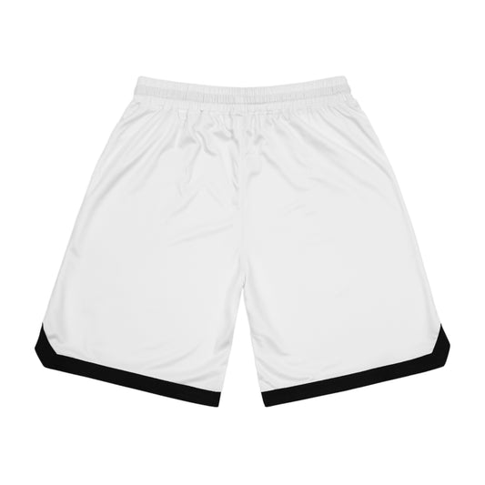 White Basketball Shorts with Black Trim — Athletic Ribbed AOP Game Shorts